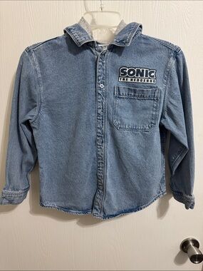 Sonic The Hedgehog Denim Hooded Button Down Shirt Jacket Boys Medium Cotton Logo